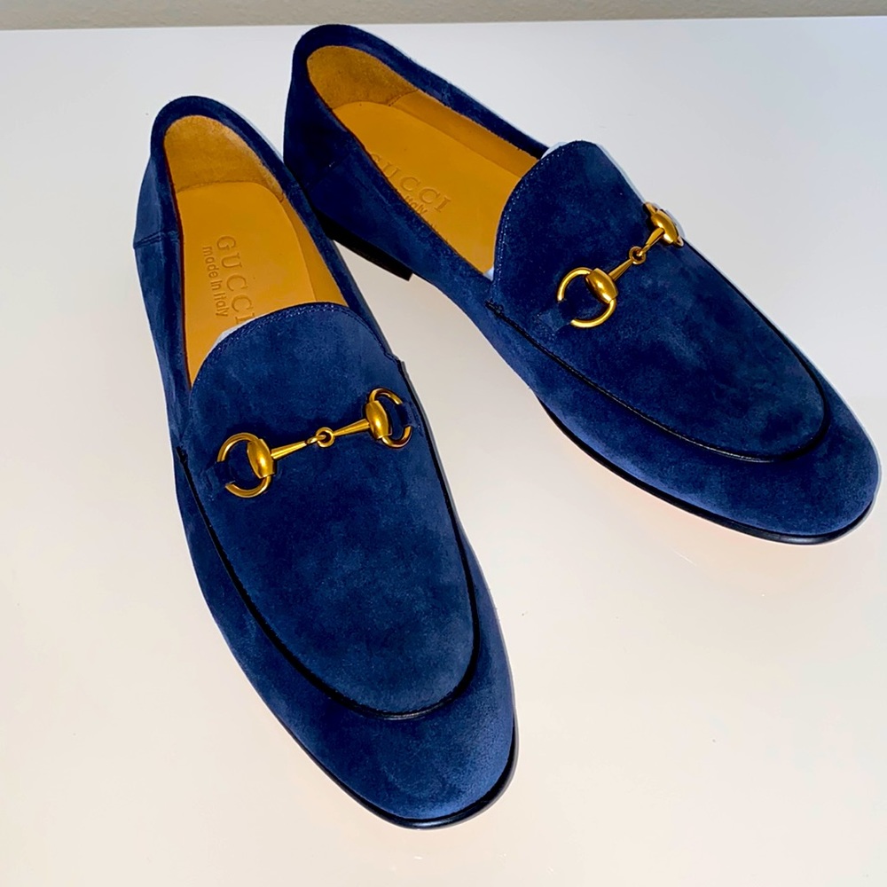 Men’s Gucci Blue Suede gold Horse-bit Loafers, Size US 8”, EU 41